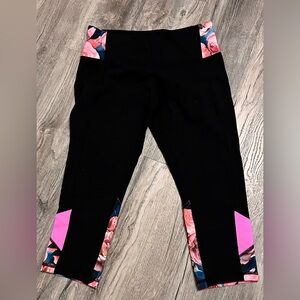 Lululemon Athletica Black Cropped Leggings with Pink and Floral Trim